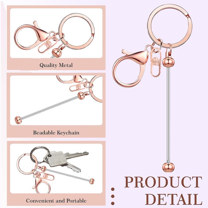 Sugiury 6 Pcs Beadable Keychain Bars Bulk for Beads DIY Blank Keychain Metal Beaded Keychain for Bead Keychain Making Kit Crafts Gift Rose Gold, 15cm