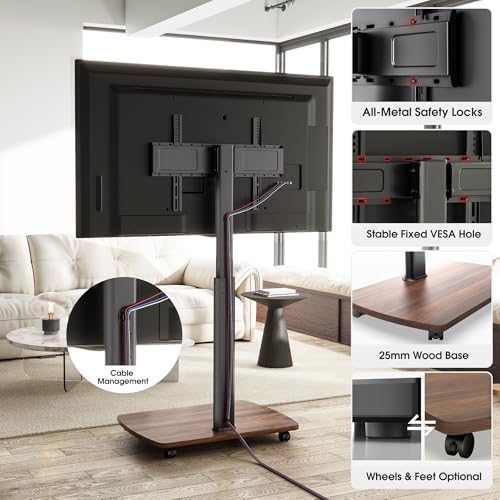 AOKCOS TV Floor Stand Rollable with Wooden Shelf, TV Stand with Wheels for 43-75 Inch, Height Adjustable Swivelling TV Stand, Max. VESA 600 x 400 mm - Image 6
