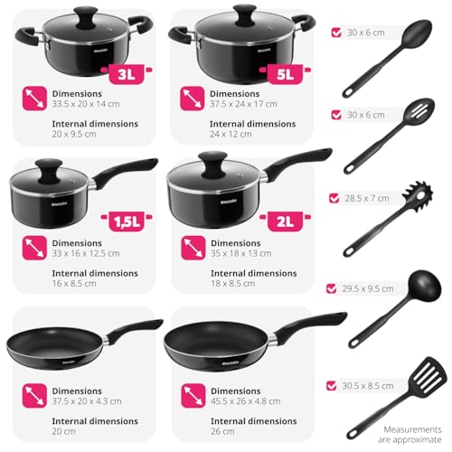 tectake® 15-Piece Aluminium Cooking Pot & Pan Set with Non-Stick Coating & Heat-Resistant Handles, Dishwasher-Safe Cooking Pot Set - 4 Pots, 2 Pans, 4 Glass Lids & 5-Piece Kitchen Utensils Set - Black - Image 6