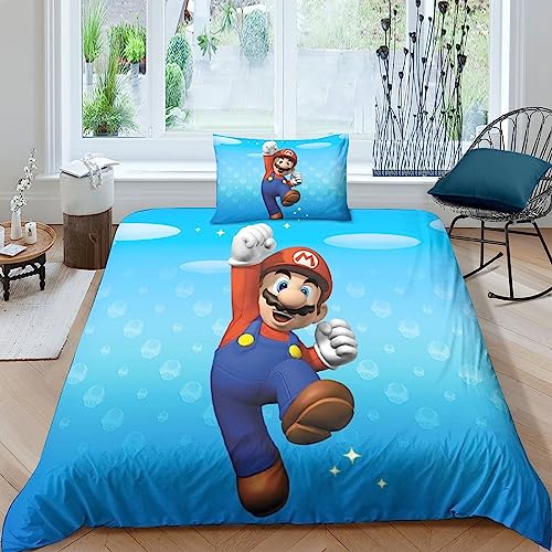 2 Piezas Juego De Funda De Edredón De Super Mario Bros 3D Niños Niñas, Juegos,Microfibra Juego De Cama De Microfibra De Fundas De Cremallera Single(135x200cm)