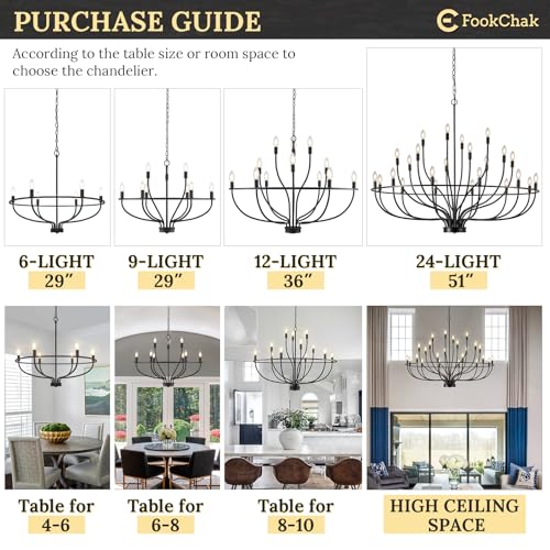 FookChak Black Dining Room Light Fixture, 6-Light Farmhouse Black Chandelier for Bedroom Metal Candle Chandeliers Hanging Lighting for Kitchen Living Room Entryway Foyer, 28.54in - Thumbnail 4