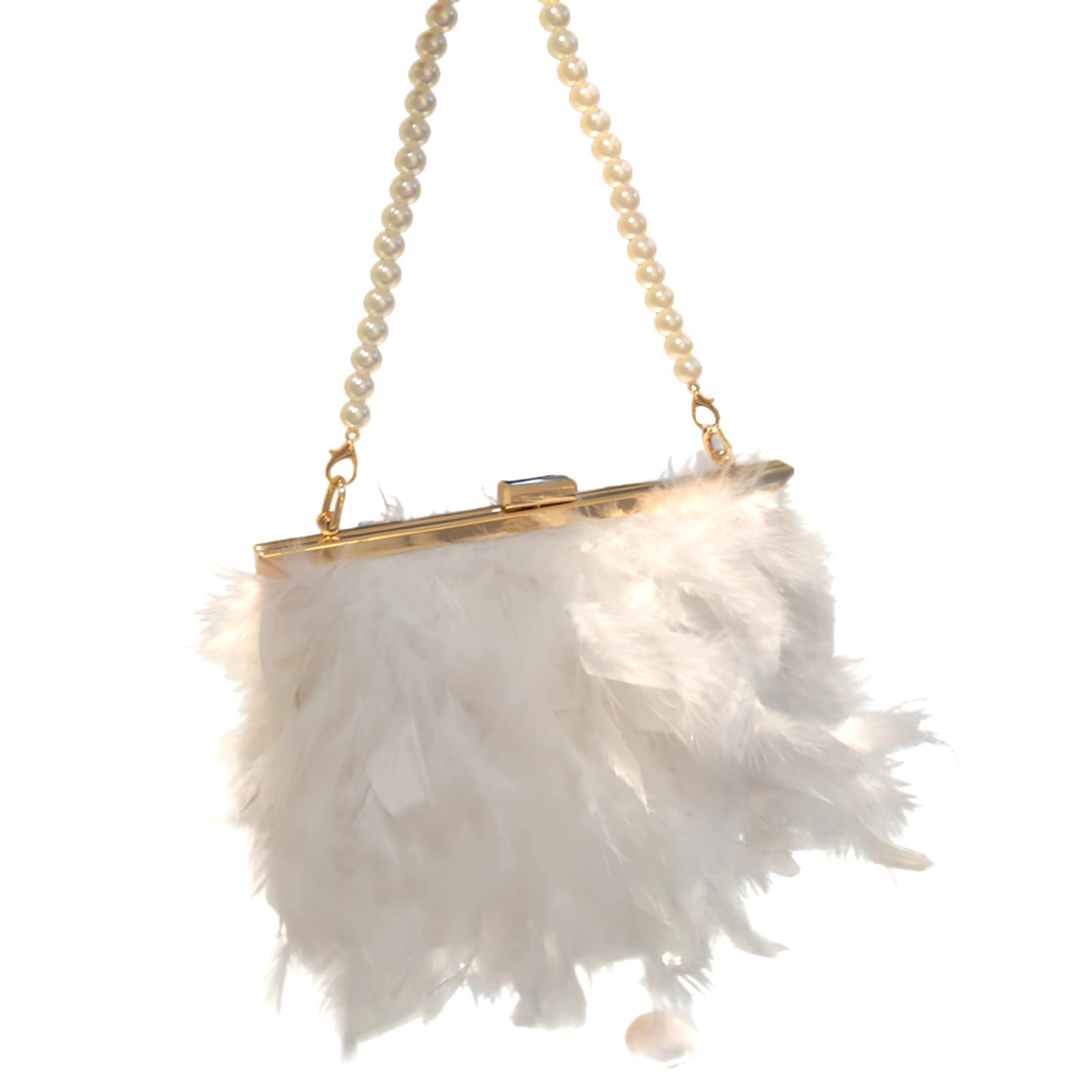 Bolso de mano de plumas blancas para mujer, bolso de noche con cadena de perlas con marco de metal dorado, diseño cruzado y de mano, elegante y versátil para fiestas, bodas y ocasiones especiales