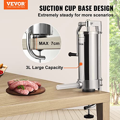 Image of VEVOR Sausage Stuffer, 5LBS /3L Stainless Steel Homemade Sausage Maker,Vertical Meat Filling Kitchen Machine, Packed 3 Stuffing Tubes