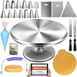 RFAQK 50PCs Cake Turntable Set - 12" Aluminium Alloy Cake Decorating Turntable- Professional Cake Decorating Kit with Straight & Offset Icing Spatula-Numbered Icing Nozzles & Bags- Cake Leveler