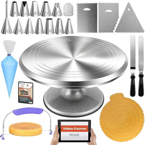RFAQK 50-Piece Cake Turntable Set - 12" Aluminium Alloy Decorating Turntable - Professional Cake Decorating Kit with Straight & Angled Icing Spatulas, Numbered Nozzles & Bags, Cake Leveler