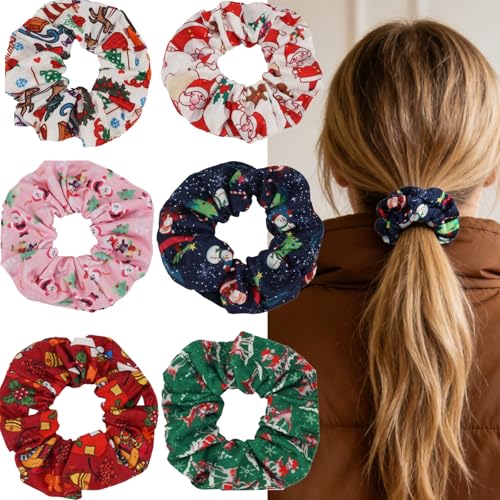Christmas Scrunchies for Women & Girls 6-Pack Hair Ties with Festive Designs: Snowman Reindeer Santa Tree Snowflake | Xmas Hair accessories Gift Set