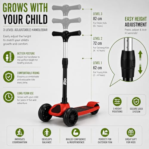 Image of MiniExplorer Rio Kids Kick Scooter for Boys & Girls 3-12 Years - Red | Adjustable Height Foldable Scooter with Rear Brake & Anti-Slip Deck | 3 Wheel /2 Wheel Outdoor Scooter for Kids