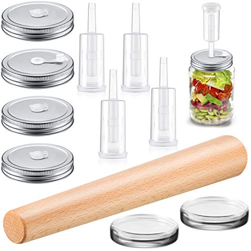 11 Piezas Juego de Fermentaci�n para Tarros de Boca Ancha, 4 Tapas de Fermentaci�n de Tarros de Acero Inoxidable, 4 Esclusas de Aire, 2 Pesos de Vidrio de Fermentaci�n, Golpeador de Chucrut