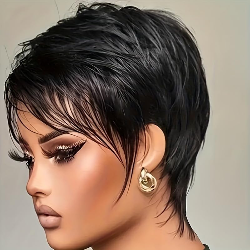 pixie cut wig short human hair wigs for black women non lace front wig human hair wig with bangs full machine wigs brazilian virgin human hair natural color 1b