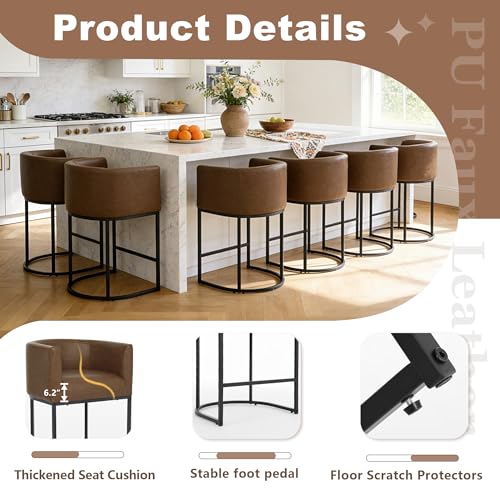 Image of 26 inch Counter Height Bar Stools Set of 3, Faux Leather Upholstered Barrel Chairs with Back and Arms, Metal Frame Kitchen Island Stools with Footrest, Cognac Brown