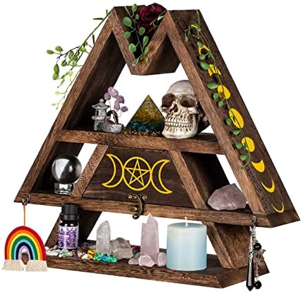 Pracaniz Crystal Shelf with Flap Drawer&Hooks for Wall&Desktop, Moon Shelf for Crystal Holder as Witchy Room Decor,Moon Phase Triangle Shelf,Boho Room Decor&Vintage Room Decor.