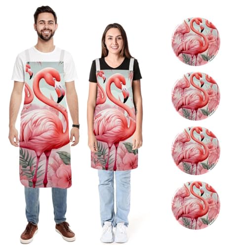 Tabliers de cuisine en lin anti-taches flamants roses avec poches pour homme et femme