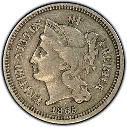 3 Cent Nickel Coin Grade VF 30+ Year 1865
