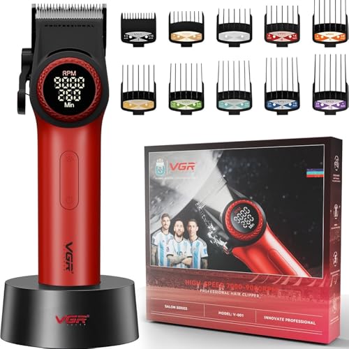 Image of Unisex V-001 Professional Hair Clipper, 9000 RPM, 300-Min Runtime, DLC Diamond Blade, LED Display, 15 Length Settings, Red