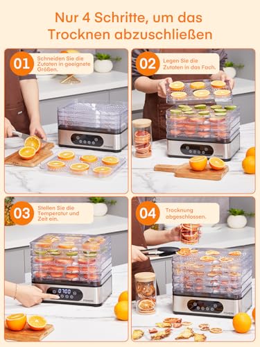 FOHERE Dörrautomat Edelstahl, Dörrgerät mit 5 höhenverstellbaren Tabletts, LED-Anzeige, 420W, 35-70°C, 48h-Timer, für Lebensmittel, Pilze, Früchte, Fleisch, Fisch, Gemüse, BPA frei – Bild 4