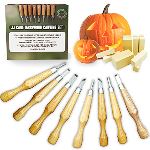JJ CARE Wood Carving Kit with 8 Piece Wood Carving Tools & 10 Wood Blocks for Kids and Adults, Premium Wood Carving Set SK7 Carbon Steel Tools, Basswood Carving Kit