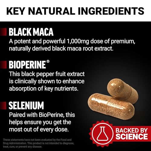 Image of Force Factor Black Maca Root Supplement for Men | 1000mg Maca Negra Extract for Energy, Hormonal Balance & Vitality, Superior Absorption with BioPerine, 90 Capsules