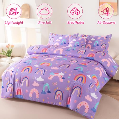 Image of Rainbow Girls Bedding Set Twin Size, Love Hearts Rainbow Comforter Set Twin Purple Bedding Sets for Girls Kids