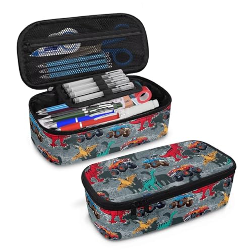 Image of Dinosaur Boys Pencil Pouch Truck Print Large Pencil Case for Kids 6-8 Years Portable Pen Bag with Double Zipper for Elementary Students