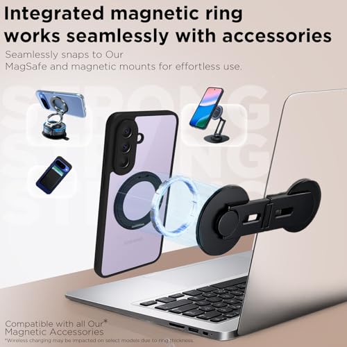 Image of RIGGEAR Shockproof Sleek Hybrid Armor 360 Rotating Magnetic Ring Stand Back Cover Case Compatible with MagSafe Accessories for Samsung Galaxy A37 5G (Clear PC + Black TPU Bumper)