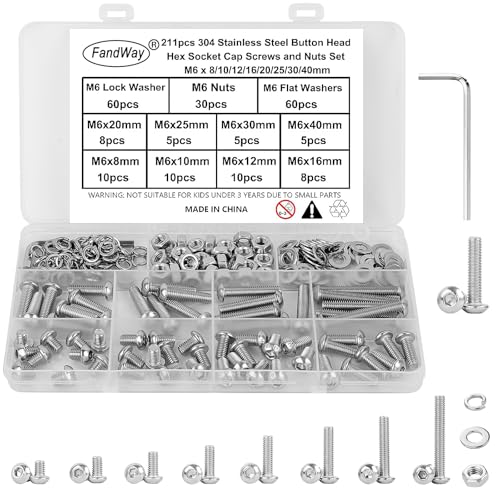 FandWay M6 Schrauben Set,211 Stück Linsenkopf Schrauben mit Innensechskant,Rundkopf Gewindeschrauben,Sechskantschrauben Edelstahl 304,Maschinenschrauben Muttern und Unterlegscheiben mit 1 Schlüssel.