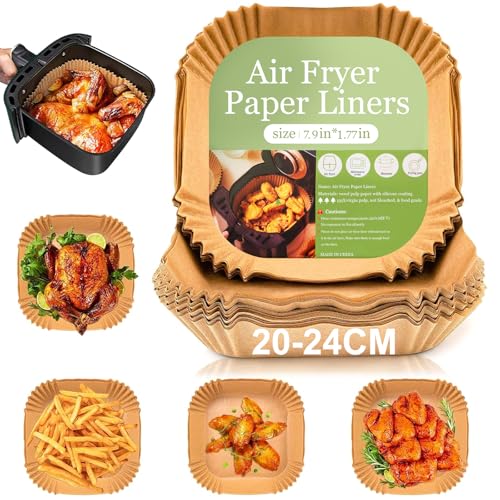Niniber Papel Freidora Aire de 20-24cm,100 Unidades,Papel de Freidora de Aire Desechable de Grado Alimenticio,para Horno, Hornear y Microondas,Para Freidoras de Aire de 5 a 8 litros,BPA Free