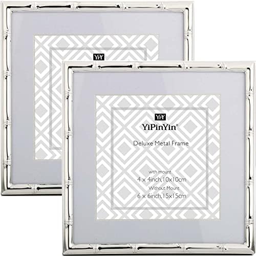 YiPinYin 5x7'' Bamboo Detail Double Photo Frames, Silver double Metal Picture Frame 7x5'', Elegant Silver Thin Edge Photo Frames 5x7'' With Soft Touch Velvet Backing and Real Glass Front for Desktop