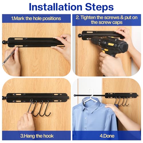 SUTINE 12 inch Valet Rod for Closet Pull Out, Heavy Duty Closet Valet Rods Slide Out, Adjustable Pull Out Closet Rods for Hanging Clothes with 4 Hooks Closet Organizers and Storage (Black) by SUTINE - Image 6