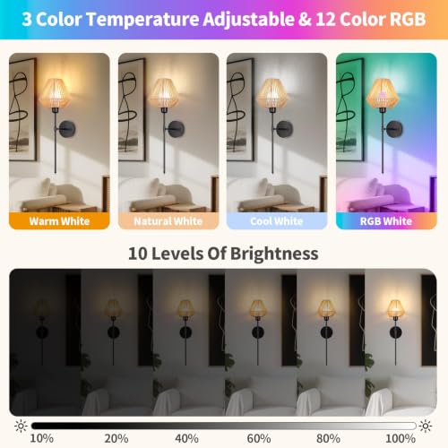 Image of Battery Operated Wall Sconces Set of 2, Rattan Rechargeable Wall Light Dimmable with Remote Control, 15 Color Changing and Timer, 24 inch Boho Black Gold Wall Lamps for Bedroom,Living Room