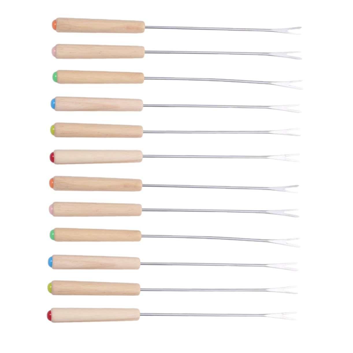PRETYZOOM 12pcs Stainless Steel Cheese Fondue Forks with Wooden Handle Color Coded Skewers for Chocolate Fountain and Buffet Serving Easy to Clean Heat Resistant Design