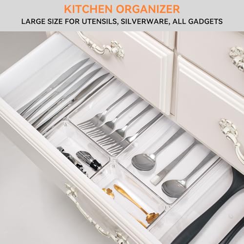 Image of Criusia 8 Pack Drawer Organizer for Kitchen Gadgets, Large Clear Plastic Drawer Divider for Kitchen Accessories, Bathroom Organizers and Storage, Home Essentials for Makeup and Vanity Accessories