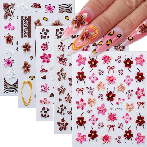 Flower Nail Stickers, 5D Embossed Floral Nail Decals French Flowers Fall Brown Self-Adhesive Design Nails Supplies for Women Manicure Accessories (Brown)