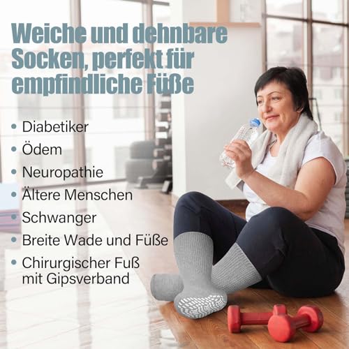ZFSOCK Diabetiker Socken Herren Damen: ABS Stoppersocken Griffen Diabetikersocken Ohne Gummibund Rutschfeste Noppen Extra Weite Antirutschsocken Baumwolle Ohne Gummi Komfortbund 3 Paar 39-46 Grau