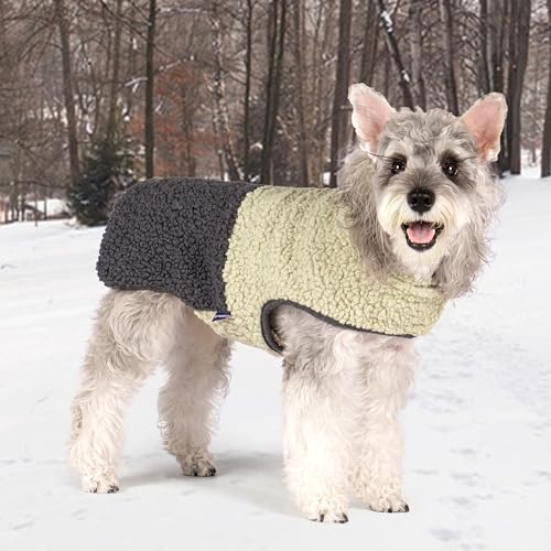 Image of cyeollo Sherpa Dog Coat Reversible Dog Jackets for Small Dogs, Khaki, S | Warm Fleece Winter Sweater, Turtleneck Pet Vest, Adjustable Fit, Easy On & Off, Leash Hole for Cold Weather Outdoor Walks