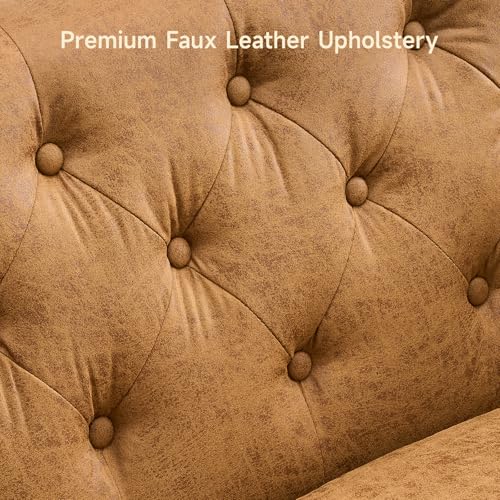 Image of ONBRILL 79'' Faux Leather Couch for Living Room, Comfy Chesterfield Button-Tufted Sofa with 2 Bolster Pillows and Wood Legs, Mid-Century Modern Deep Seat Couch for Apartment, Office, Caramel
