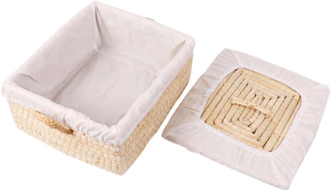 Woven Bread Storage Basket with Lid 25x30x14cm Natural Straw Bread Organizer for Kitchen, Household Egg and Bun Holder Suitable for 5-10 Buns and Food Serving