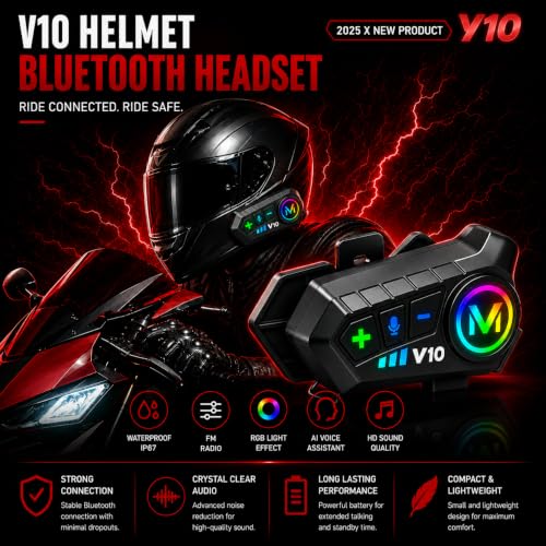 Image of Primate V10 Bluetooth Motorcycle Helmet Headset with HD Calling, HiFi Stereo Music, GPS Voice Navigation, IP67 Waterproof, Long Battery Life, Noise Reduction, Open Face Helmets, Smartphones Compatible
