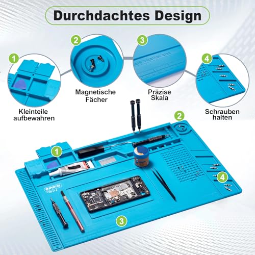 Spurtar Lötmatte Silikon 500℃ Hitzebeständige, 45 x 30 cm Verdickte Arbeitsmatte Werkstatt für Lötpistolen/Heißpistolen, Magnetische Reparatur Matte für Elektronik, Löten, Telefon, iPad, Uhren