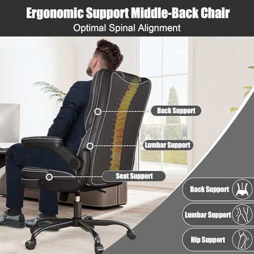 Ergonomic Office Chair with Flip-up Armrests,300lbs Mid Back Computer Office Desk Chair with Lumbar Support, Executive Leather Chair with Rocking Function Adjustable Height for Hom image 1