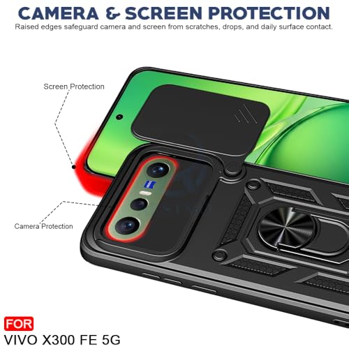 Image of AESTMO Tough Armor Vivo X300 FE 5G Bumper Back Case Cover | Ring Holder & Sliding Camera Shield Cover | 360 Degree Protection Back Case Cover for Vivo X300 FE 5G (Black)