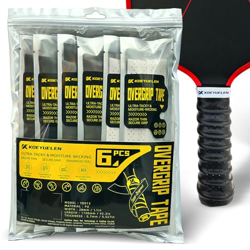 KOEYUELEN Ribbed Pickleball Overgrip, 6-Pack Basic Colors Non-Slip Tennis Racket Grip Tape, Sweat-Wicking Shock-Absorbent Racquet Grip for All Racket Sports