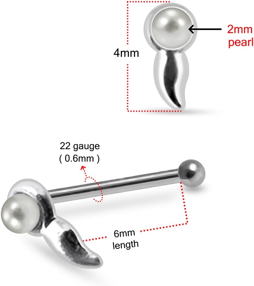 20 Pieces Box Set Plain Sperm with Pearl Ball Design 22 Gauge 925 Sterling Silver Ball End, Straight End, L Shape Nose Stud - Nose Pin - Tiny Nose Ring - Nose Piercing Body Jewelry