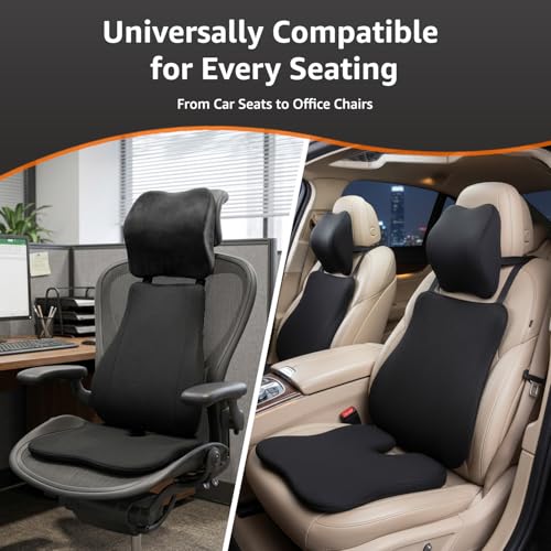 Image of Amazon Basics Memory Foam Car Comfort Combo of 3 - Car Neck Rest Pillow, Lumbar Back Support Cushion & Wedge Seat Cushion | Ergonomic Car Seat Support for Driving, SUV, Sedan, Universal Fit - Black