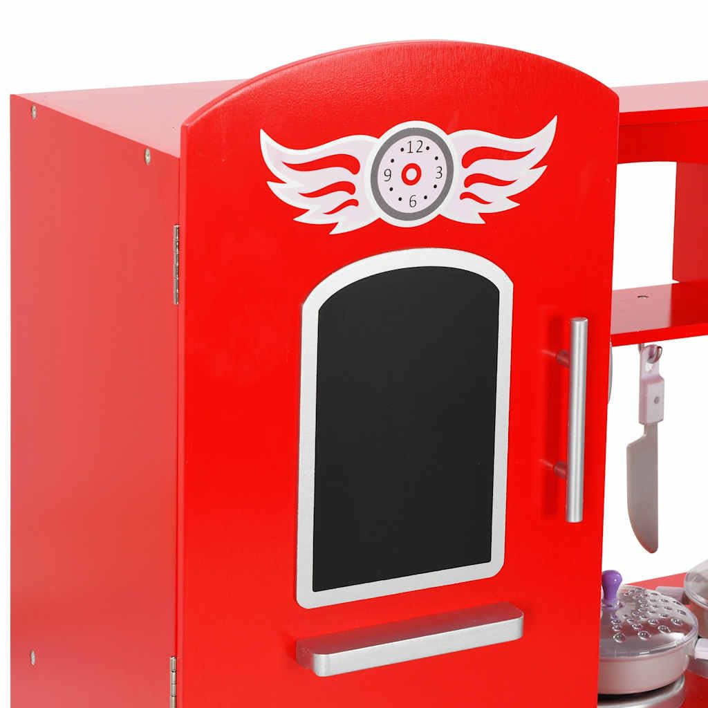 Spielküche Kinder aus MDF mit Kochset, Schneideobst, Zubehör und Holzspielzeug, 84x31x89 cm, Rot Weiß, Rollenspiel Kaufladen für Kleinkind Montessori Motorik und Kinderzimmer