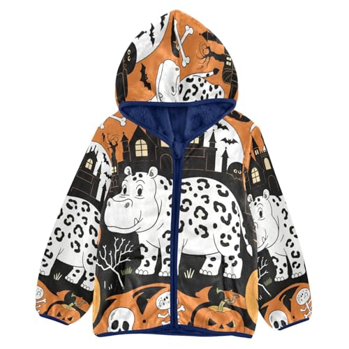 Halloween Hippo Pattern Print Toddler Fleece Jacket Girl Boys Hooded Fleece Jacket Coat Warm Outwear Zip-up 3-10T