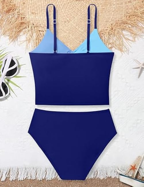 Girls Swimsuit Color Block Girls Bathing Suit Twist Tankini Set Two Piece Girl Swimwear Bikini Set for 9-16 Years