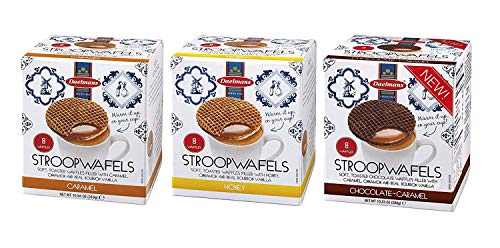 DAELMANS Stroopwafels, Dutch Waffles Soft Toasted, 3 Pack Assortment, Caramel, Honey, Chocolate, Office Snack, Jumbo Size, Kosher Dairy, Authentic Made In Holland, 8 Stroopwafels Per Box (3 Pack)