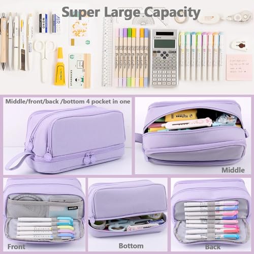 Image of Large Capacity Pencil Case 3 Compartments, Pencil Case with Zipper Portable Handle, Aesthetic Pencil Pouch Stationery Organizer for Office College School Teen Girl Boy (3 Compartments-Purple)