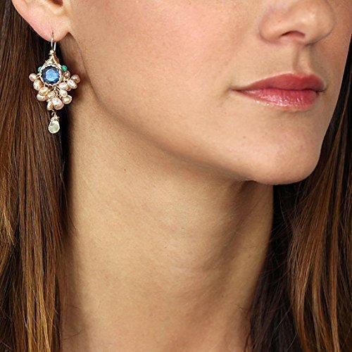Designer Labradorite Pearl Genuine Gemstone Bridal Goddess Earrings in Gold Filled