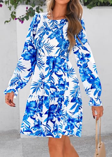 Image of KIRUNDO Long Sleeve Dress for Women 2025 Summer Fall Wedding Guest Smocked Floral Crewneck Ruffle A Line Flowy Mini Dress